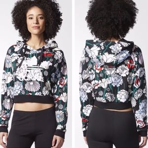 Adidas~Cropped Floral Hoodie~Black & White~Size M
